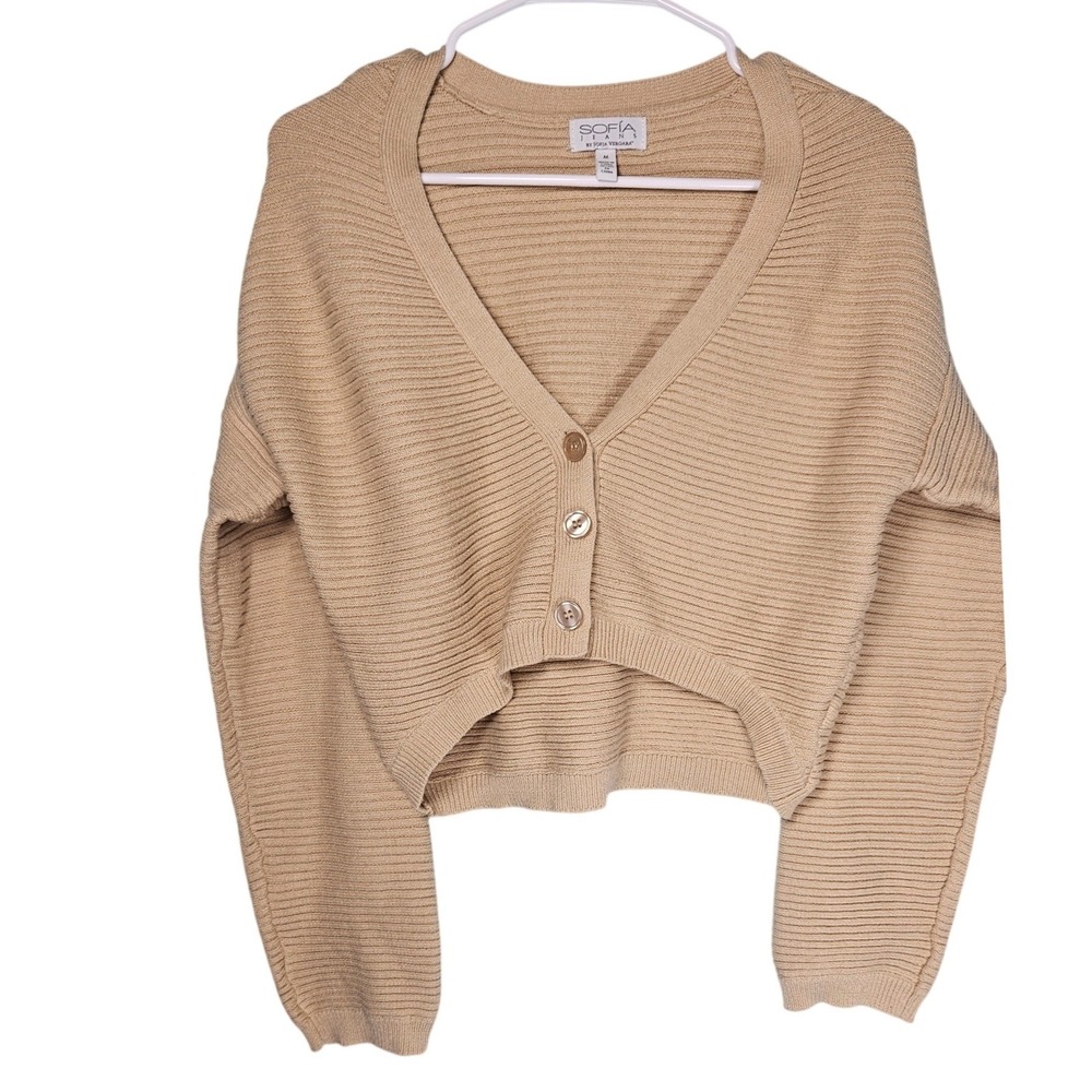 Sofia Jeans by Sofia Vergara Tan Ribbed Cropped V-Neck Cardigan Sweater Womens M